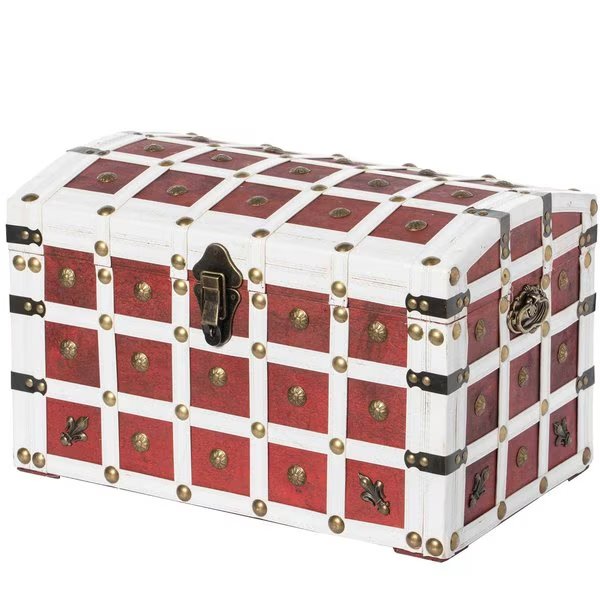 Antique Pirate Style Red and White Storage Trunk with Lockable Latch and Handles, Vintiquewise, Mfr#: QI003914